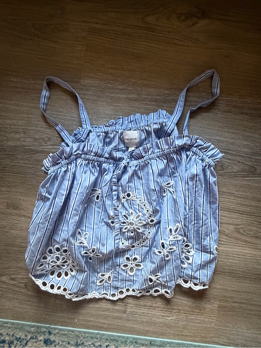 Anthropologie Striped Eyelet Tank Top with Floral Design